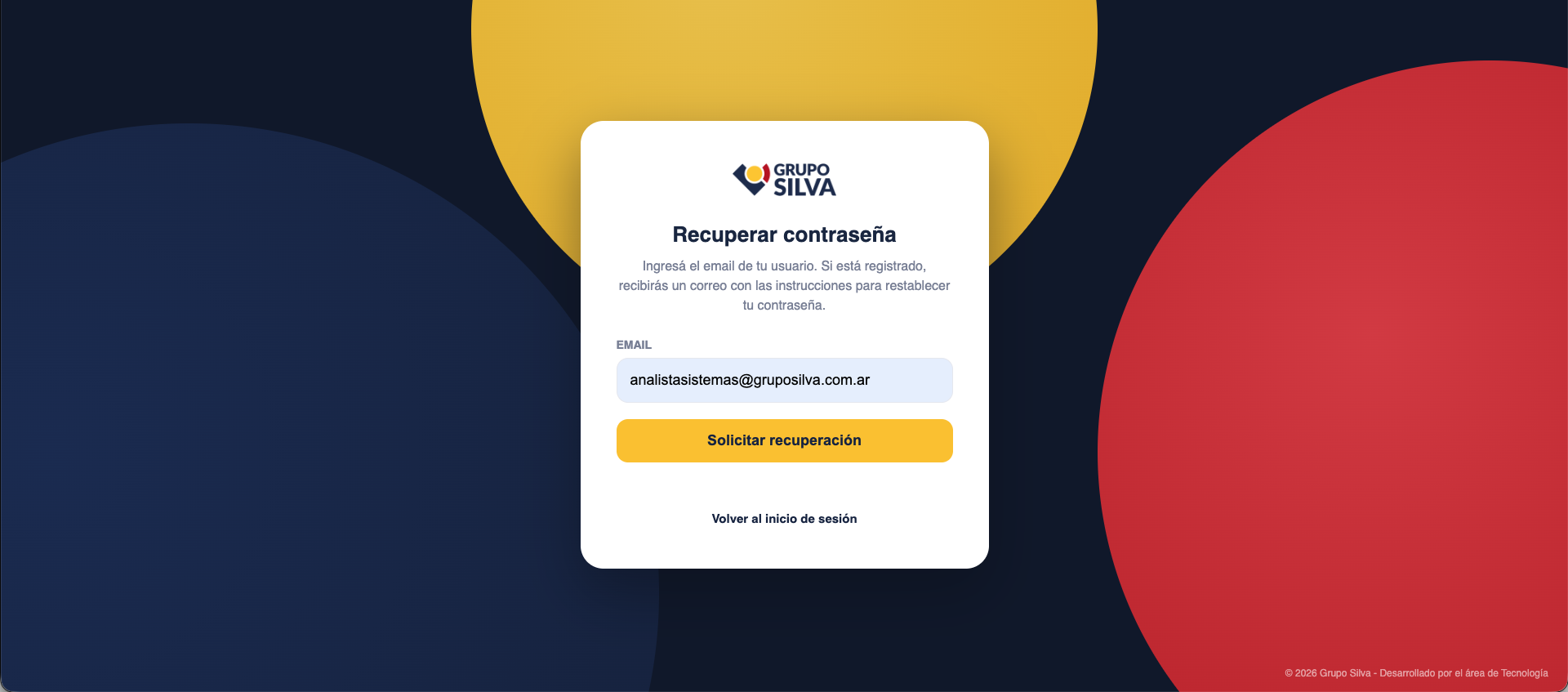 Pantalla de recuperación de contraseña