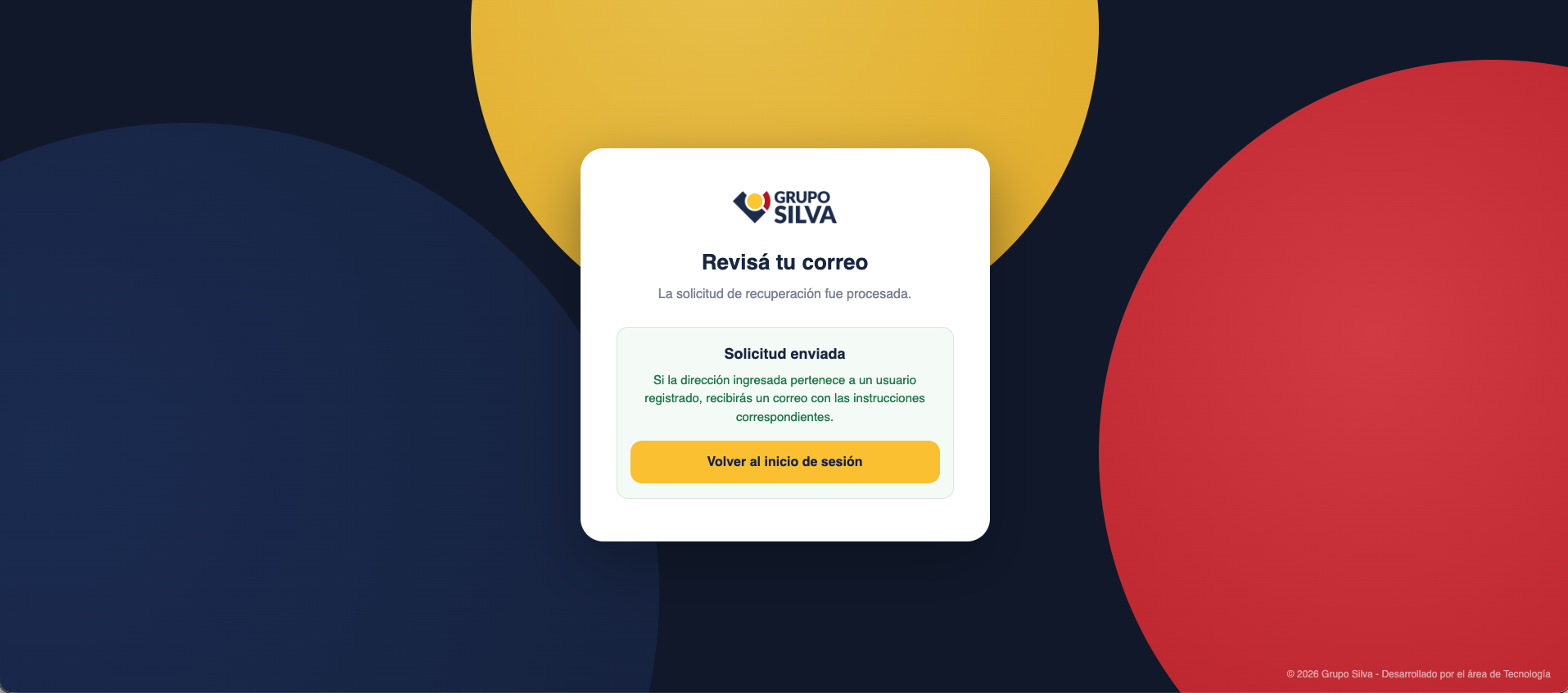 Pantalla Revisá tu correo tras solicitar la recuperación