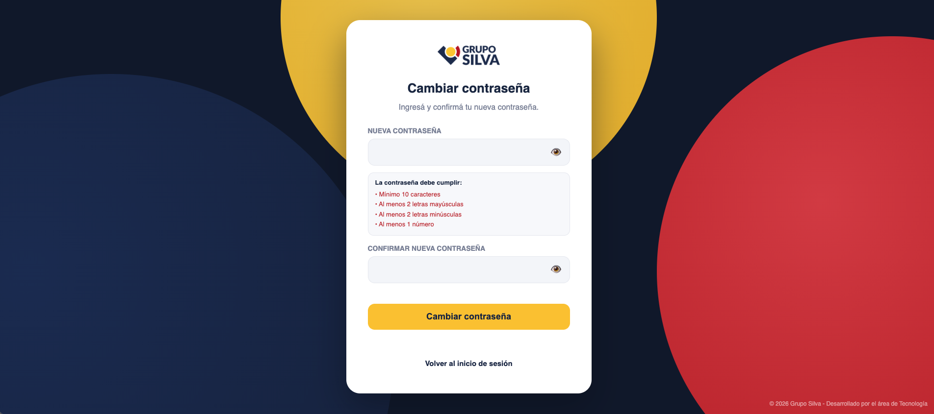 Pantalla Cambiar contraseña con los requisitos a cumplir